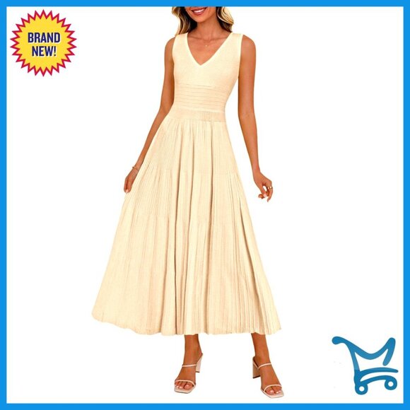 Dresses & Skirts - Sleeveless V-Neck Midi Dress, A-Line Knit, Cocktail Wedding Guest